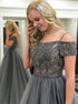 A line Open Back Beadings Prom Dress With Short Sleeves LBQ0458